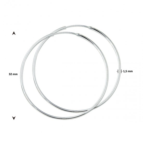 Zilveren oorringen (diameter 32mm) met een ronde buis en een scharnier-sluiting. - 10852