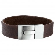 Stalen armband met leer d.bruin - 24013