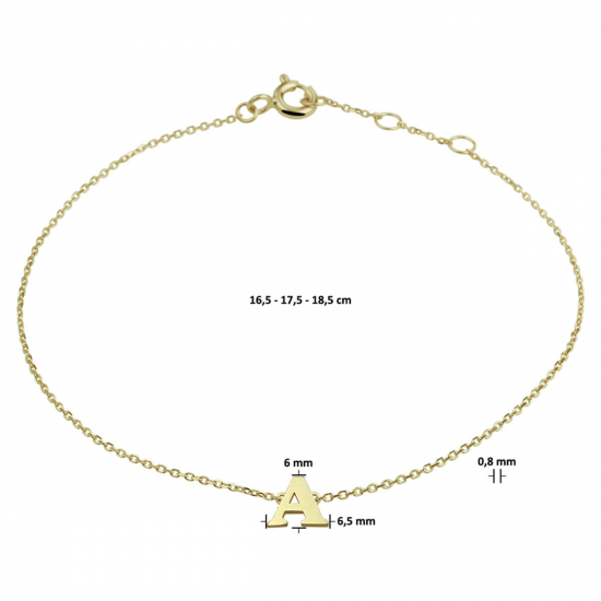 Geelgouden armband 14krt met de letter R. Lengte 16,5-17,5-18,5cm - 25505