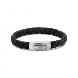 Stalen zwart leren armband. De armband heeft een breedte van 10mm. - 25413