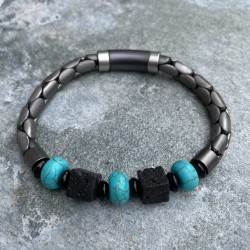 Sanjoya Grijze heren armband met turquoise en zwarte stenen - 25549