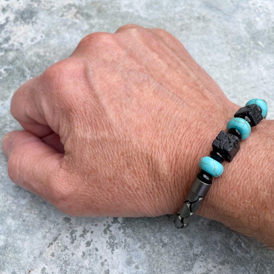 Sanjoya Grijze heren armband met turquoise en zwarte stenen - 25549