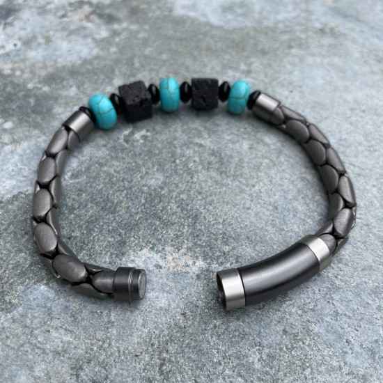 Sanjoya Grijze heren armband met turquoise en zwarte stenen - 25549