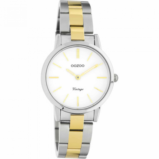 OOZOO C20112 Horloge VINTAGE staal, zilver- en goudkleurig-wit 30 MM - 26340