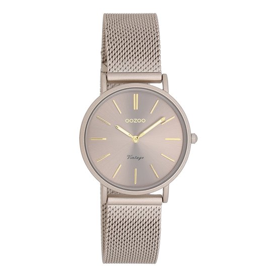 OOZOO Vintage series - Taupe horloge met taupe metalen mesh armband - 26532