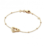 Zilver vergulde schakelarmband met dubbel hart, verguld. 17cm - 26796