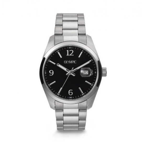 Olympic herenhorloge serie Louise, edelstaal met edelstalen band. zwarte wijzerplaat. - 26818
